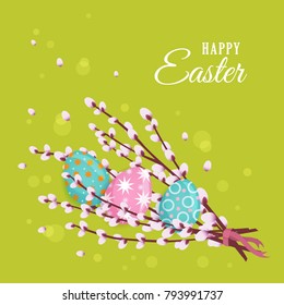 Happy Easter greeting card with bunch of willow branches and three decorated, colourful eggs, vector illustration. Happy Easter greeting text, eggs and young spring willow twigs, postcard design