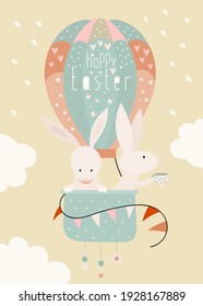 Happy Easter greeting card – Easter bunnies fly in a hot air balloon. Lettering Happy Easter. Vector illustration in retro design.