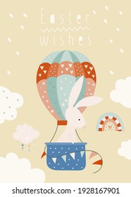 Happy Easter greeting card – Easter bunnies fly in a hot air balloon. Lettering Easter wishes. Vector illustration in retro design.