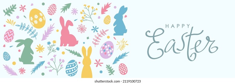 Frohe Ostergrußkarte mit Osterbrunnen, Eiern, Blumen, Blättern und Grußhandschrift. Frühlingsvektorgrafik