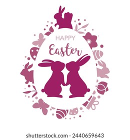 Happy Easter greeting card with bunnies and decoration on white background
