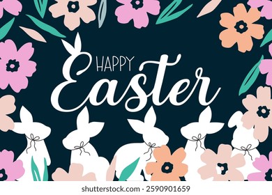 Happy Easter greeting card with bunnies and florals, Happy Easter banner