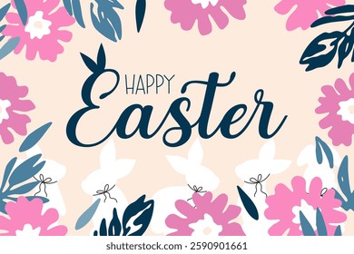 Happy Easter greeting card with bunnies and florals, Happy Easter banner