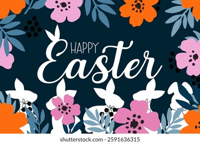 Happy Easter greeting card with bunnies and florals, Happy Easter banner