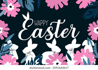 Happy Easter greeting card with bunnies and florals, Happy Easter banner