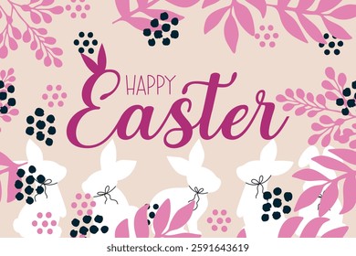 Happy Easter greeting card with bunnies and florals, Happy Easter banner