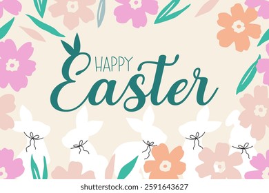 Happy Easter greeting card with bunnies and florals, Happy Easter banner