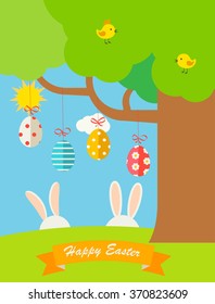 Happy Easter greeting card with bunnies ears, hanging Easter eggs and birds, vector illustration