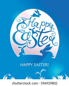 Happy Easter. Greeting card with Easter bunnies, lilies of the valley and a gift egg.