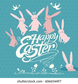 Happy Easter greeting card. Easter bunnies, flowers and swallows. Vector illustration.