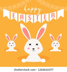 Happy Easter greeting card. Easter bunnies/rabbits. Vector Illustration. 