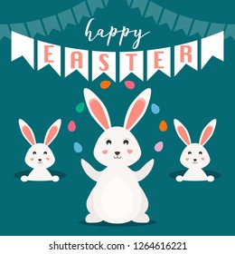 Happy Easter greeting card. Easter bunnies/rabbits with Easter eggs. Vector Illustration. 