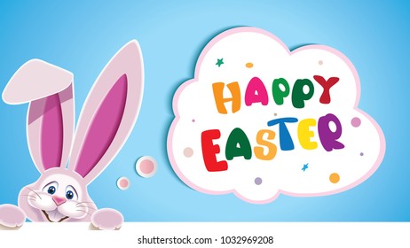 Happy Easter greeting card with Easter Bunny and text in a thinking cloud isolated on a blue background.Vector illustration for holiday greeting.