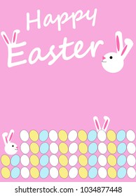 Happy Easter greeting card with bunny and eggs, pink background, vector illustration