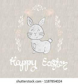 Happy Easter greeting card with bunny. Hand drawn lettering.