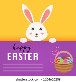   Happy Easter greeting card. Easter bunny with basket with eggs, place for your text. Vector Illustration.   
