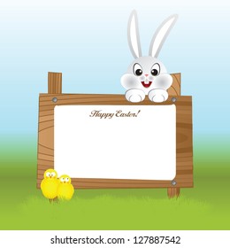 Happy easter greeting card with bunny and  chicken