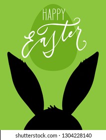 Happy Easter greeting card. Bunny ears silhouette and hand drawn lettering over green background. Vector holiday illustration.