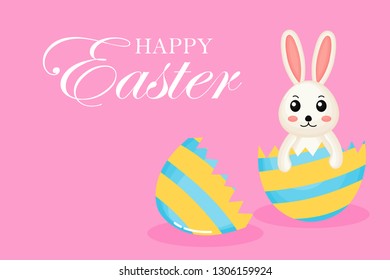 Happy Easter greeting card. with bunny and eggs. the season of joy. Animal wildlife cartoon character. Cute Rabbit. Isolated on pink background. Vector illustration. 