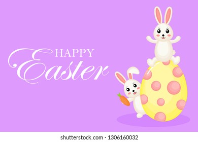 Happy Easter greeting card. with bunny and eggs. the season of joy. Animal wildlife cartoon character. Cute Rabbit. Isolated on purple background. Vector illustration. 