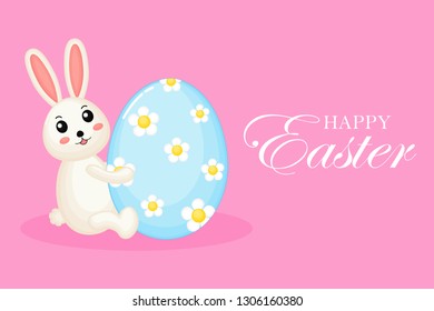 Happy Easter greeting card. with bunny and eggs. the season of joy. Animal wildlife cartoon character. Cute Rabbit. Isolated on pink background. Vector illustration. 