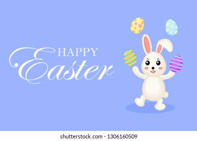 Happy Easter greeting card. with bunny and eggs. the season of joy. Animal wildlife cartoon character. Cute Rabbit. Isolated on blue background. Vector illustration. 