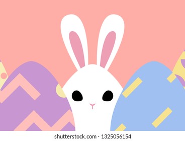 happy easter greeting card with bunny behind egg, vector illustration