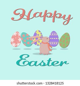 Happy easter greeting card with bunny and colorful eggs.