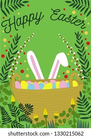 Happy easter. Greeting card with bunny and easter basket. Vector illustration.