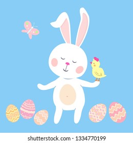 Happy easter greeting card with сute bunny, chicken ,bow tie and easter eggs.Cartoon style. Vector.