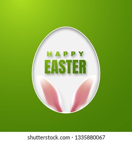 Happy Easter Greeting Card with Easter Bunny. Color Paper Easter Egg on Green Background. Vector illustration.