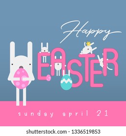 Happy Easter Greeting Card - Easter Bunny and Eggs in Cartoon Style on Blue Background. Vector Illustration for Spring Holiday Banner.