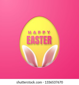Happy Easter Greeting Card with Easter Bunny. Color Paper Easter Egg on Pink Background. Vector illustration.