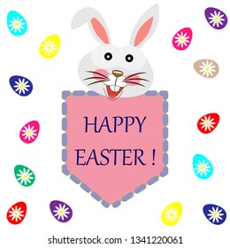 happy easter greeting card with a bunny in the pocket.vector illustration isolated on white background with easter eggs for t-shirt print,wallpaper,poster and other uses.