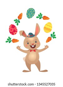Happy Easter Greeting Card with Bunny and Flying Eggs. Cute Easter Bunny with Colorful Egg. Vector illustration.