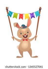 Happy Easter Greeting Card with Bunny and Flag Garland. Cute Easter Bunny with Colorful Egg. Vector illustration.