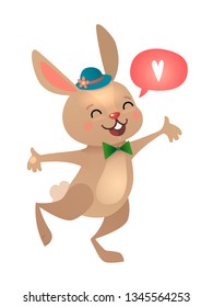 Happy Easter greeting card with Bunny. Brown Cute Easter Bunny with Colorful Egg. Vector illustration. 