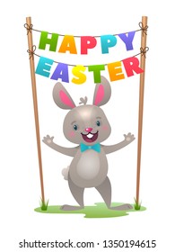 Happy Easter Greeting Card with Bunny and Letter Garland. Cute Easter Bunny with Colorful Egg. Vector illustration