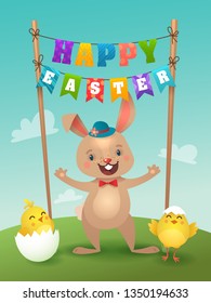 Happy Easter Greeting Card with Bunny, Chicks and Letter Garland. Cute Easter Bunny. Vector illustration.