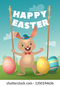 Happy Easter Greeting Card with Bunny and Letter Garland. Cute Easter Bunny with Colorful Egg. Vector illustration.