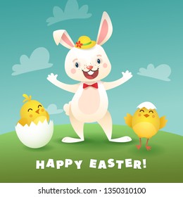 Happy Easter Greeting Card with Bunny and Chicks. White Cute Easter Bunny with Egg. Vector illustration.