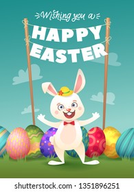Happy Easter Greeting Card with Bunny and Letter Garland. Cute Easter Bunny with Colorful Egg. Vector illustration.