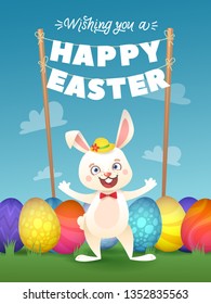 Happy Easter Greeting Card with Bunny and Letter Garland. Cute Easter Bunny with Colorful Eggs. Vector illustration. 