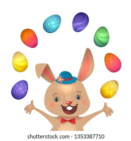 Happy Easter greeting card with bunny and eggs. Vector cartoon illustration. Cute stylish characters. Vector stock illustration. 