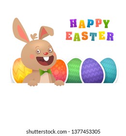 Happy Easter Greeting Card with Bunny and Flying Eggs. Cute Easter Bunny with Colorful Egg.