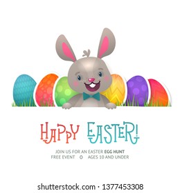 Happy Easter Greeting Card with Bunny and Flying Eggs. Cute Easter Bunny with Colorful Egg.