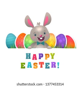 Happy Easter Greeting Card with Bunny and Flying Eggs. Cute Easter Bunny with Colorful Egg.