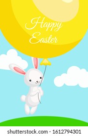Happy Easter greeting card with сolorful bunny flying on big balloon. Vector illustration for Easter day