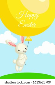 Happy Easter greeting card with сolorful bunny flying on big balloon. Vector illustration for Easter day