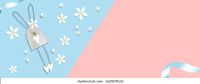 Happy Easter. Greeting card with bunny rabbit. Easter background without text. Lace and pink color. Cute vector illustration. A place for your text.